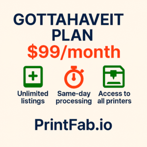 Power plan for high-volume 3D creators. Includes unlimited listings, top-tier support, and premium queue access.