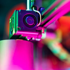 Close-up of a 3D printer in action under neon lighting, capturing vibrant colors and modern tech ambiance.
